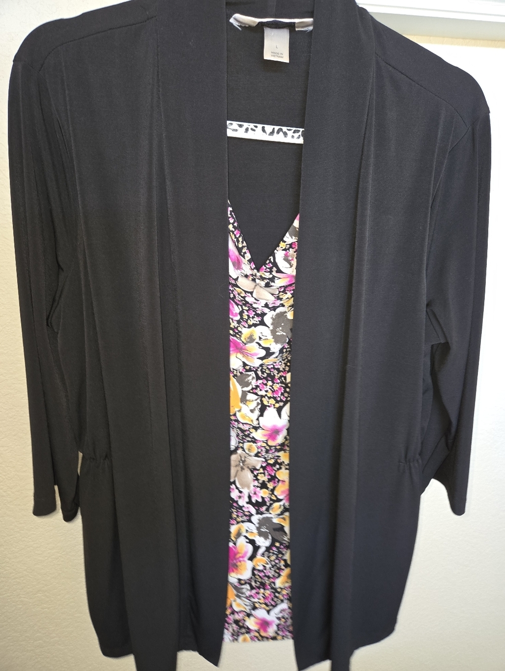 Black Open Front Cardigan with Floral Tank Layer attached, L